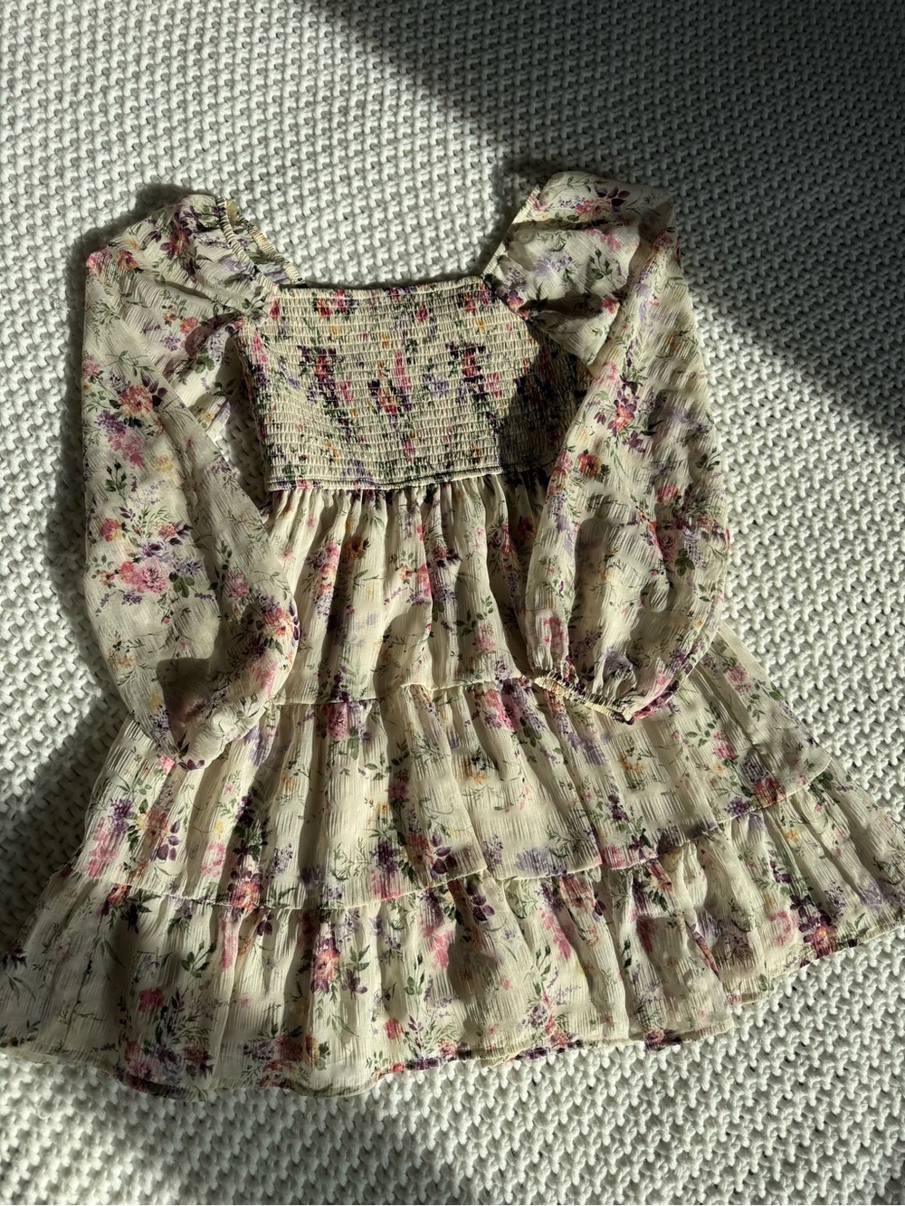 Rewind Cream Floral Smocked Puff-Sleeve Mini Dress - Picture 2 of 5